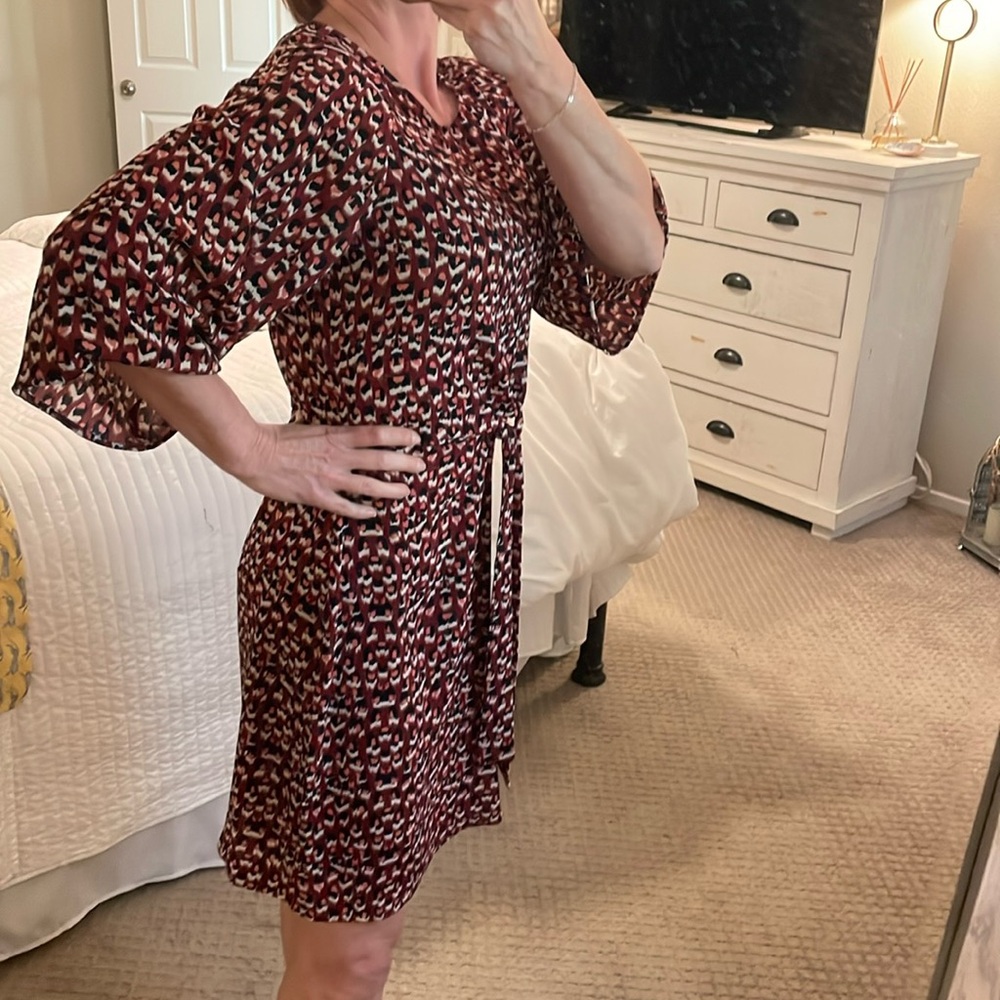 Summer dress - cranberry rayon with peach cream and black print Size: M